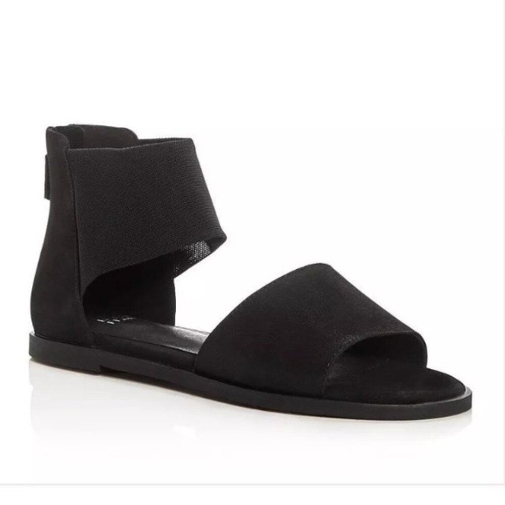 Eileen Fisher Black Suede & Wide Meshβ Stretch Ankle Strap Back Zip Sandals Sz 8